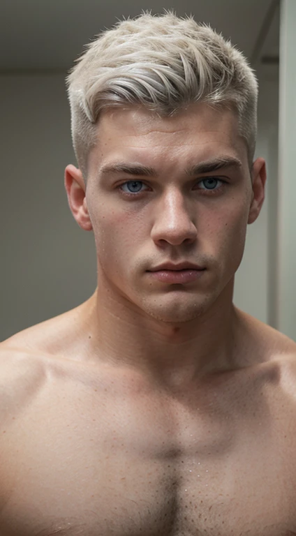 White young man , 18 years old, low taper fade haircut, white hair, blue eyes fixed, intense gaze, affiliated features, no facial hair, height 1.93, weight 100 kg, aesthetic muscular build, broad shoulders, V-shaped body, full body focus, completely hairle...