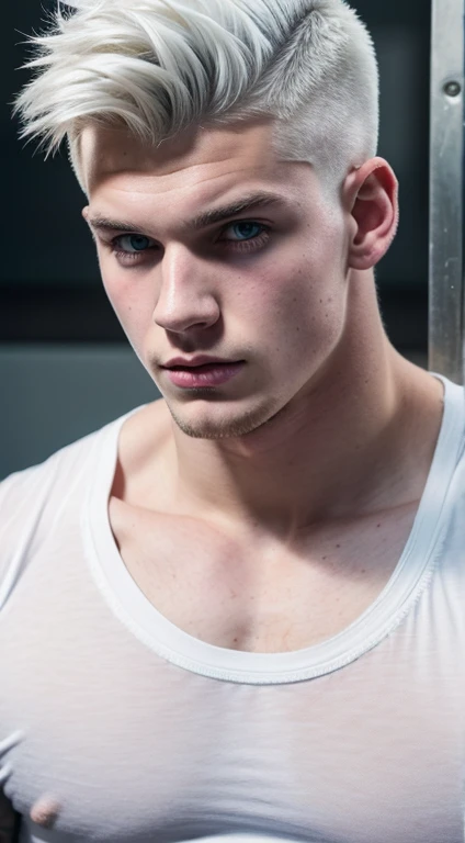 White young man punk , 18 years old, low taper fade haircut, white hair, blue eyes fixed, intense gaze, affiliated features, no facial hair, height 1.93, weight 100 kg, aesthetic muscular build, broad shoulders, V-shaped body, full body focus, completely h...