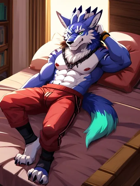 Barefoot WereGarurumon is lying on a bed, arms and legs spread, green light in his eyes, wearing red pajamas, his wrists chained to the bed and his ankles chained to the bed, detailed paws with bandages and claws, blue fur, in a trance, a look of resistanc...