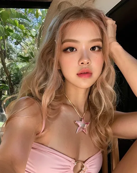 Blackpink&#39;s Rosé with pink bikini, cabelo loiro, rosy lips, cabelo ondulado