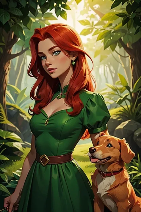 Emerald Enchantresss Canine Companion: A Series of Illustrations Featuring a Charming Red-Haired Woman in a Green Dress and Her Loyal Dog