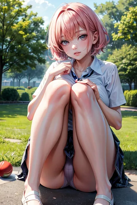 (best quality,4k,8k,highres,masterpiece:1.2),pink hair,Asymmetrical Shorthair,beautiful big breasts,girls eyes are beautifully detailed and expressive,girls lips are beautifully detailed,ultra-detailed,realistic,wearing school uniforms,playfully enjoying t...