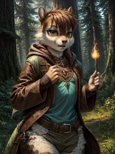 (masterpiece, best quality:1.3), androgynous Chipmunk, face focus, thin body, oversized forest, green adventurer clothes, Holding a spell in one hand