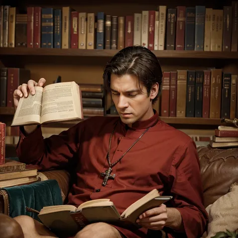 A red priest flipping through books because he is confused and irritable on the road