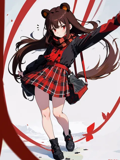 Anime girl with bear ears and brown hair, red tartan scarf, black dress with straps with a white long sleeve shirt underneath. Character design, full body