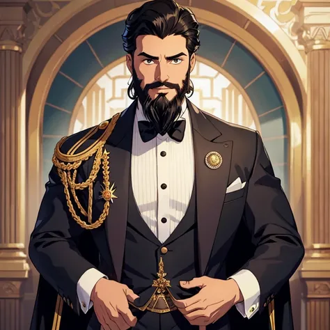 Male, charismatic, royalty, mid 40s, black hair, trimmed beard, fancy clothes, fantasy.