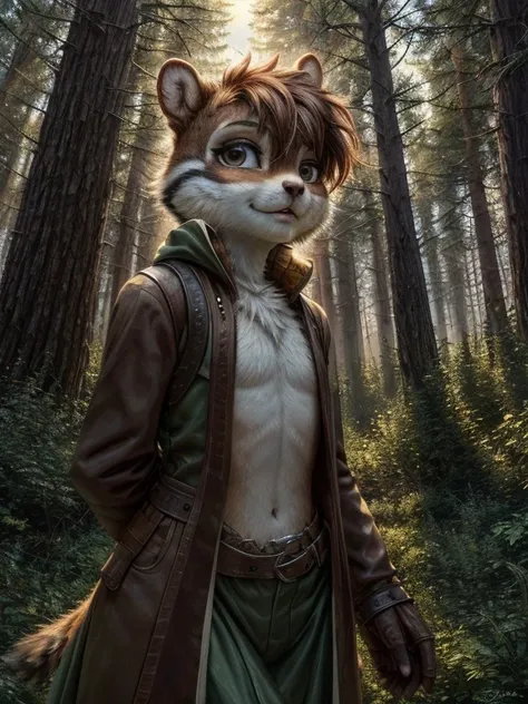 (masterpiece, best quality:1.3), androgynous Chipmunk, face focus, thin body, oversized forest, green adventurer clothes, following a spell, (hide hands behind back)