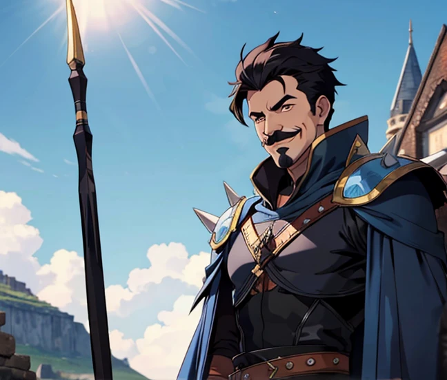 Male, guard, spiky black hair, black mustache, blue cloak, big smile, long spear.