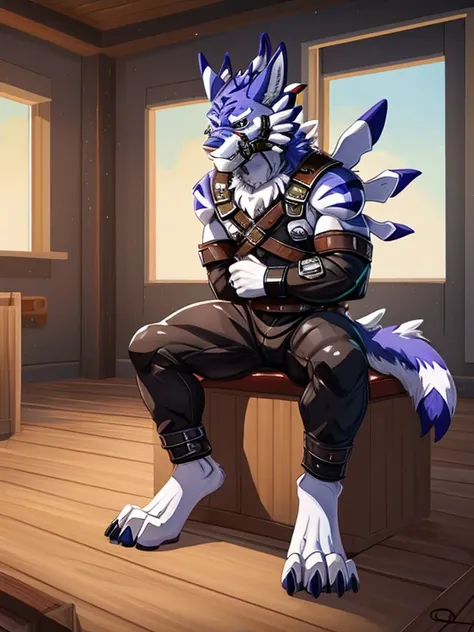 Barefoot hypnotised WereGarurumon, gag in the mouth, looking up, trapped in a black straitjacket, sitting imprisoned in a padded asylum cell, wearing long hospital pants, legs stretched out in front of him, visible detailed paws.