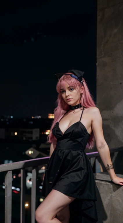 cinematic, photo of an action battle scene, fgirl with pink hair and black coctail dress, at late night, next to her a cat sitting on a balcony, sailor chibi-moon, black coctail dress directed by Ridley Scott, high contrast lighting  --style raw