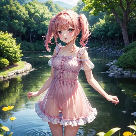 girl with,、Chibi、Bangs see-through、Amber short twintails 、Pink knee-length dress、Plenty of frills、Shoulder out、mule、Park pond、Water droplets、