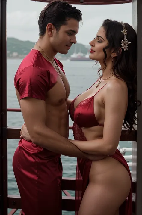 night scene from side view, full body portrait, sea view, extreme close up photo of young muscular man grabbing vedhika from behind who is wearing a satin full length lace border bridal nighty with a reddish pink satin robe (color:#ff3364), hugging a man, ...