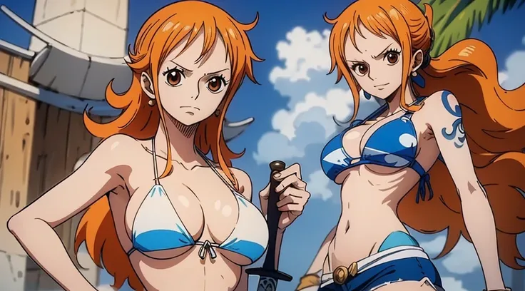 An Arafe woman wearing a bikini top and super miniskirt and holding a sword, nami one piece, A Master Piece , Retrato bonito de Nami, nami from one piece,Nami em super minissaia, arte de anime digital detalhada, Cute Exirobat showing white pants, Very deta...