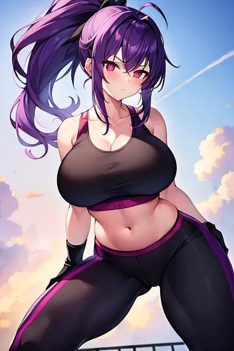 1girl, purple hair, ponytail, breasts, large breasts, wide hips, sportswear, sports bra, black pants, gloves, red eyes, serious, glowing eyes, black sports bra, black pants