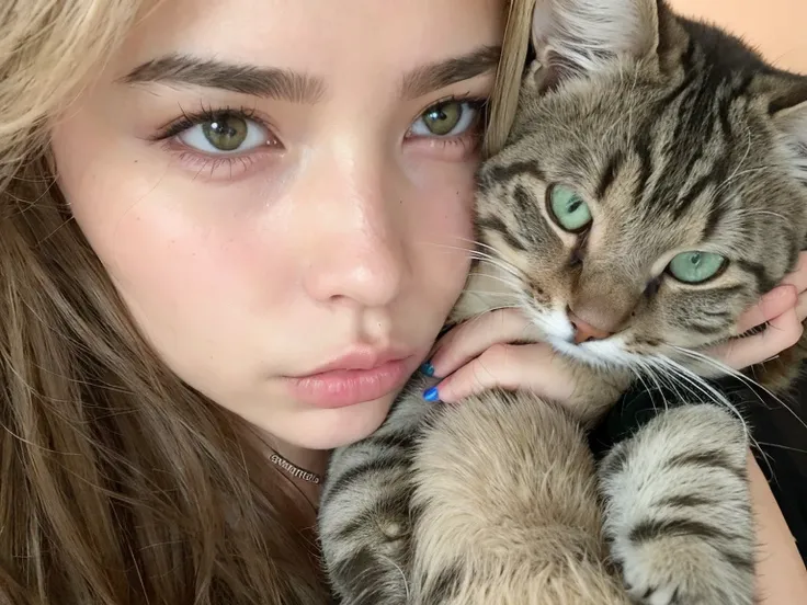 there is a woman holding a cat and smiling at the camera, Hermosa joven catgirl, Grandes mejillas sosteniendo a su gato, muy hermosa linda catgirl, con gatos de su lado, Parecido a una mezcla de mugres, Parece una mezcla de grimes, Mujer y gato, she Parece...