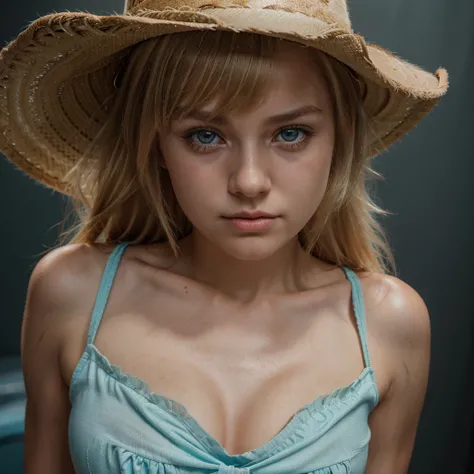 A beautiful cute blonde girl, hair bangs, cowboy hat, cyan eyes, ultra realistic soft skin, extreme detail, high masterpiece, 8k, photography, studio light, ultra realistic lighting, high realistic ray tracing, cowboy dress, RAW photo, photo studio, perfec...