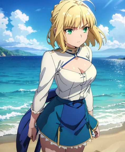 1girl,masterpiece, best quality, high resolution, bbsaber, green eyes, blue miniskirt, blue skirt, white blouse, short blouse, big breasts, beautiful breasts, pretty, blue skirt beach, sand, sea: either