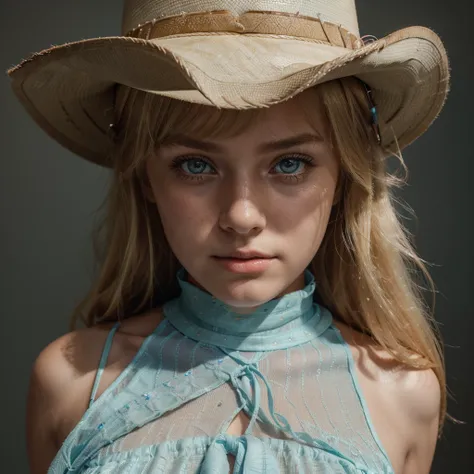 A beautiful cute blonde girl, hair bangs, cowboy hat, cyan eyes, ultra realistic soft skin, extreme detail, high masterpiece, 8k, photography, studio light, ultra realistic lighting, high realistic ray tracing, cowboy dress, RAW photo, photo studio, perfec...