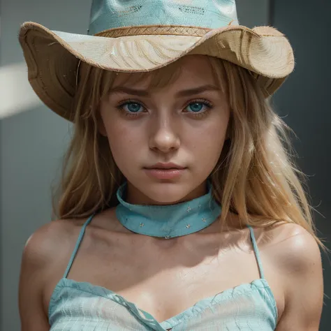 A beautiful cute blonde girl, hair bangs, cowboy hat, cyan eyes, ultra realistic soft skin, extreme detail, high masterpiece, 8k, photography, studio light, ultra realistic lighting, high realistic ray tracing, cowboy dress, RAW photo, photo studio, perfec...