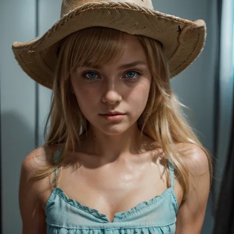 A beautiful cute blonde girl, hair bangs, cowboy hat, cyan eyes, ultra realistic soft skin, extreme detail, high masterpiece, 8k, photography, studio light, ultra realistic lighting, high realistic ray tracing, cowboy dress, RAW photo, photo studio, perfec...