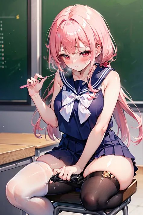 Perfect human body，1 girl， (very highly detailed background，Classroom),tying  hair， 鎖骨，(Ultra-short，Sleeveless sailor suit)，Bow knot，nabel，semi transparent，(White stockings)，((woman with fever)), ((perspired,Steaming,college aged))), Colossal titpression o...