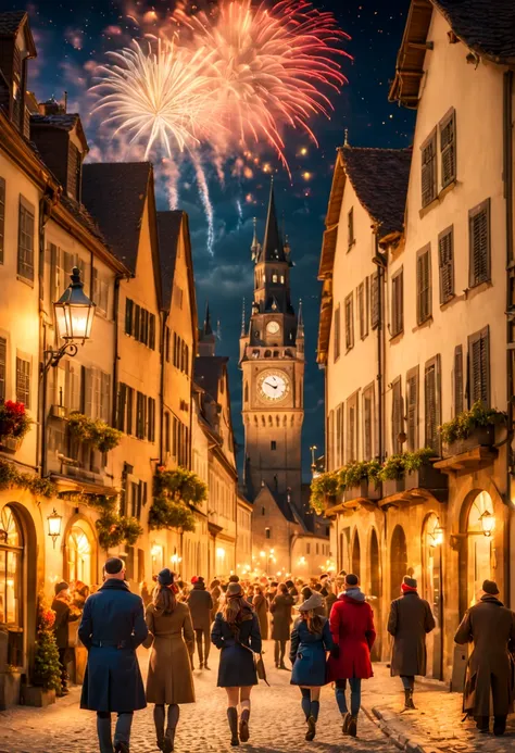 New Years Eve celebration in a quaint European village square, fireworks bursting in starry sky, cobblestone streets, revelers in festive attire, ancient clock tower striking midnight, (warm glowing lights:1.2) (vibrant colors) (high detail) (photorealisti...