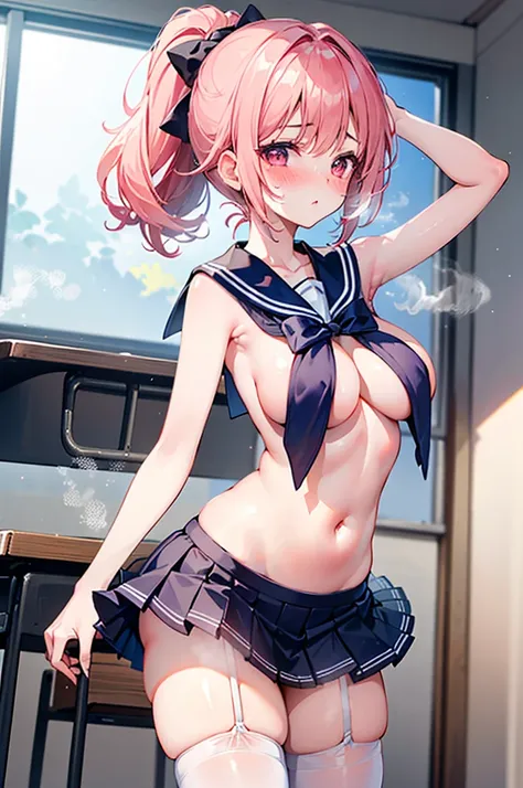 Perfect human body，1 girl， (very highly detailed background，Classroom),tying  hair， 鎖骨，(Ultra short sleeveless sailor top)，Bow knot，nabel，Low-rise miniskirt，semi transparent，(White stockings)，((woman with fever)), ((perspired,Steaming,college aged))), Colo...