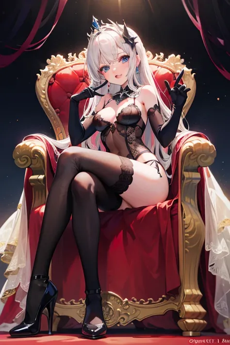 perfect light, colorful, castle, throne, indoor, night, 1girl, solo, solo focus, (childish:1.6, petit:1.6), huge breasts, large breasts, medium breasts, detailed face, kuroinu_prim, pink long wavy hair, blue eyes, tiara, black lace trim see through bra, bl...