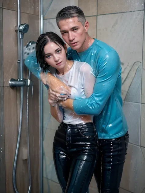 (((young man and woman taking a shower))), skinny jeans, (Water-soaked clothing:1.17), (Best Quality,high resolution,bokeh:1.2),Pronounced wrinkles,Bob haircut,Detailed eyes and face,tshirt,(standing:1.0),(gloomy ecstasy:1.1), Posing, standing in a shower ...