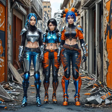 3menina , (((pele escura)))), cabelo preto com rabo de cavalo, (((blue eyelack metallic gauntlets and greaves with orange and si...