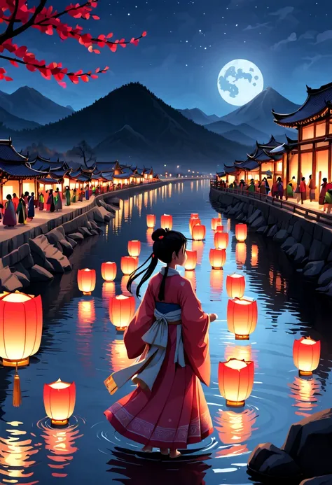 Traditional New Years lantern festival in an East Asian hometown, river with floating lanterns, silhouette of mountains in the background, full moon, families gathering, (traditional attire:1.2) (soft ambient light) (colorful lantern glow) (serene atmosphe...