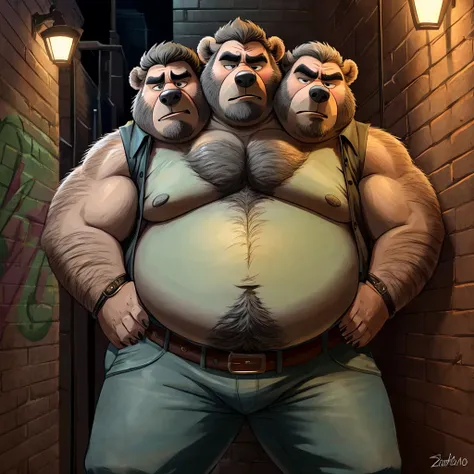 three heads one body, grizzly bear, grumpy, frowning, tired, annoyed, obese, bloated, fat, older male, old, dark alley background, streetlight, graffiti, anatomically correct eyes, pink button down, jeans, belt, sweaty, hairy, gross, hands on hips, green t...