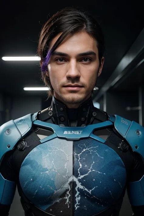 Create a handsome manly face into a half-human, half-Al hybrid, utilizing colors commonly associated with AI: blue and purple. Render the image in 4K resolution, and include a sleek logo. Emphasize hyper-realistic features and subtle details, blurring the ...