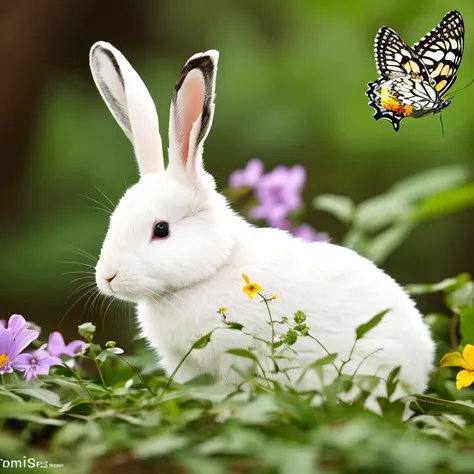 White spotted rabbit with a butterfly on its head, na floresta