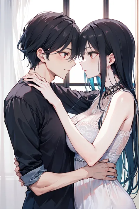 "4k romantic fantasy scene: Mature couple embracing tenderly. Man with black hair and blue eyes, And the woman with elegant black hair and charming red eyes."