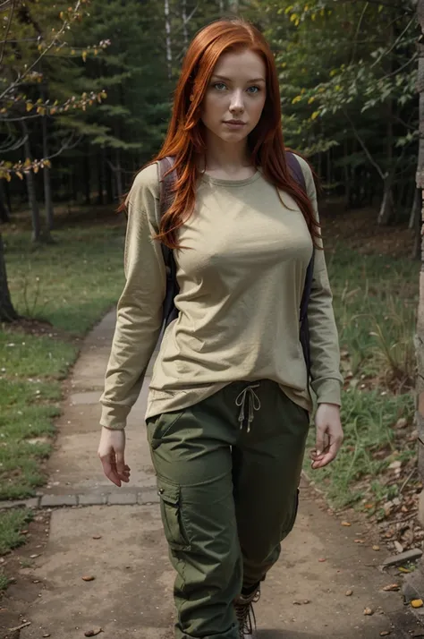 young woman with red hair, medium sized breasts, wearing outdoor clothes and hiking boots, green eyes, wearing long brown pants, carrying a big army backpack