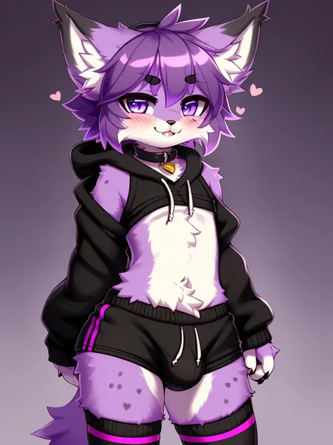 Furry male, (((eyeliner))), eyelashes, (((black eyeshadow))), ((male focus)), lynx, (((purple fur))), (purple hair), furry, cute fangs, cute, medium hair, furry, anime style, fluff, fluffy, thuft, disheveled, realistic fur, detailed, detailed shadows, chee...