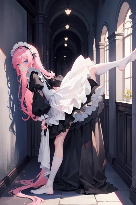 "1 girl with long pink hair, eBlue eyes, There is a small  on the front, Dress up in a black and white maid outfit, A black skirt with a white apron, White stockings, Harnes, no shoe, Stand in a medieval corridor, The resolution is ridiculously high, Super...