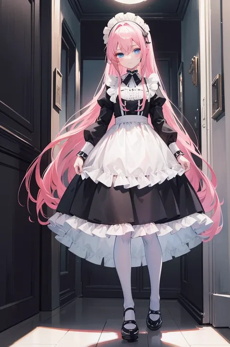 "1 girl with long pink hair, eBlue eyes, There is a small  on the front, Dress up in a black and white maid outfit, A black skirt with a white apron, White stockings, Harnes, no shoe, Stand in a medieval corridor, The resolution is ridiculously high, Super...