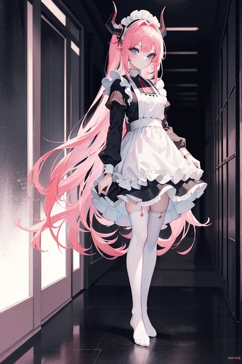 "1girl with long pink hair, blue eyes, small frontal facing red horns, donning a black and white maid outfit, black skirt with white apron, white stockings, suspenders, no shoes, standing in a medieval corridor, in absurdly high resolution, ultra-sharp 8K ...