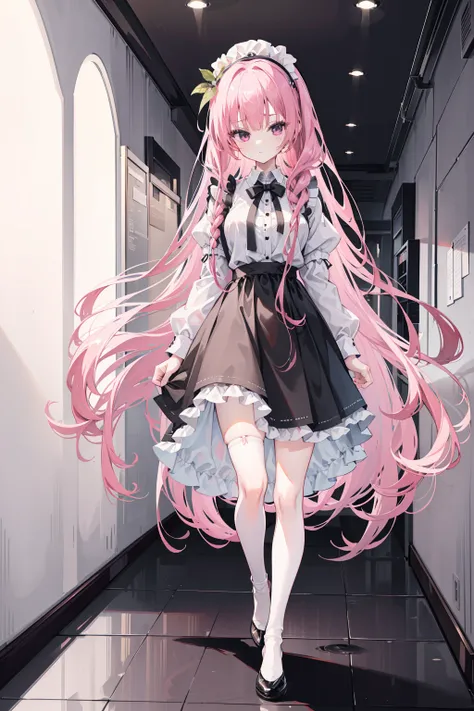 "1girl with long pink hair, mitsukasa ayase, donning a black and white maid outfit, black skirt with white apron, white stockings, suspenders, no shoes, standing in a medieval corridor, in absurdly high resolution, ultra-sharp 8K image quality, creating a ...