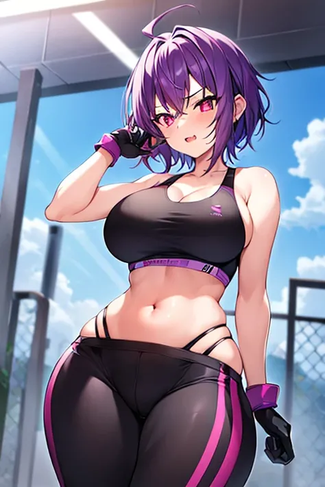 1girl, purple hair, short hair, breasts, large breasts, wide hips, sportswear, sports bra, black pants, gloves, red eyes, serious, glowing eyes, black sports bra, black pants, fang, fang out, skin fang