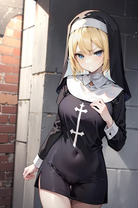 lewd nun，dressed in(Ultra-short)lewd nun德雷苏利全身照片，huge titmouse，titmouse，hason，，()，，teary，glaring eyes，（（独奏）），，combed blonde hair，Craving sexual，Pubic hair shows through，Loose collar，sandwiched，Church background