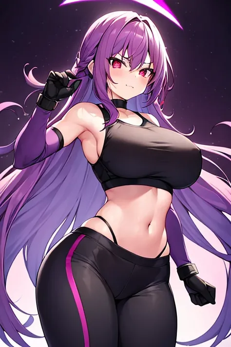 1girl, purple hair, long hair, breasts, large breasts, wide hips, sportswear, sports bra, black pants, gloves, red eyes, serious, glowing eyes, black sports bra, black pants, fang, fang out, skin fang