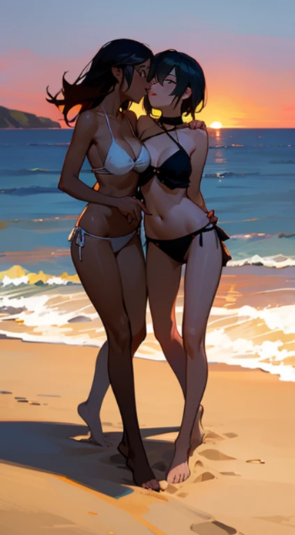 I play two dark characters on the beach in just panties with their breasts exposed at sunset making out