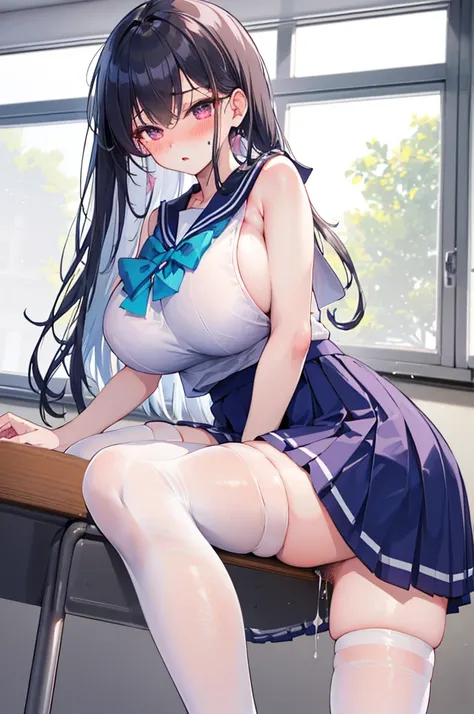 Perfect human body，1 girl， (very highly detailed background，‎Classroom), 鎖骨，Sleeveless sailor suit，Bow knot，semi transparent，(White stockings)，((woman with fever)), ((perspired，college aged))), Colossal tits，Indecent expressionlush blush:1.2),Pubic hair sh...