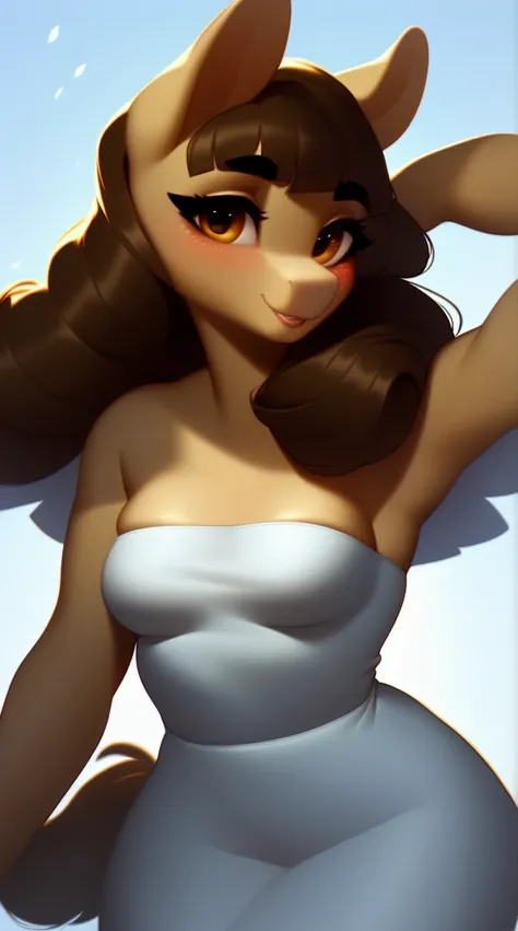 (score_9), (source_derpibooru_p_95), (solo), ((anthro o.c 1.1)), (strapless dress), sexy, blushing, cute seductive smile, anatomically correct, half body, small breasts, solo, hourglass figure, curvy, plump body, cute, high res, mature, realistic brown hai...