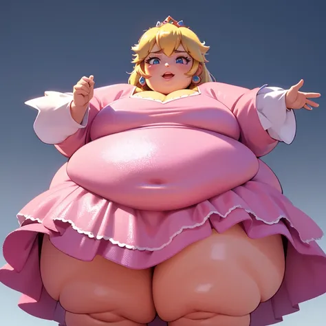 3D,3D render, global illumination, subsurface scattering, pixar style, obese Princess_Peach (wearing pink gown),, obese 1girl, blonde hair, seductive expression, sexy eyes, shiny skin, simple background