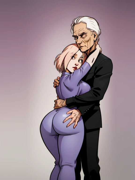 A very beautiful big butt naked 22 year old German girl with pinkish pale white skin is hugging a short 90 year old short old man wearing elegant clothing, the girl longs to hug the old man, a garota beija o homem velho, a garota com seios grandes e cintur...