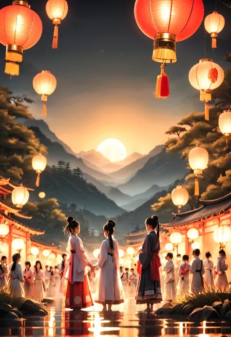 Traditional New Years lantern festival in an East Asian hometown, river with floating lanterns, silhouette of mountains in the background, full moon, families gathering, (traditional attire:1.2) (soft ambient light) (colorful lantern glow) (serene atmosphe...